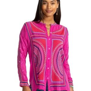 Johnny Was Embroidered Audrey Mandarin Blouse‎ Button Down Pink Bohemian. S